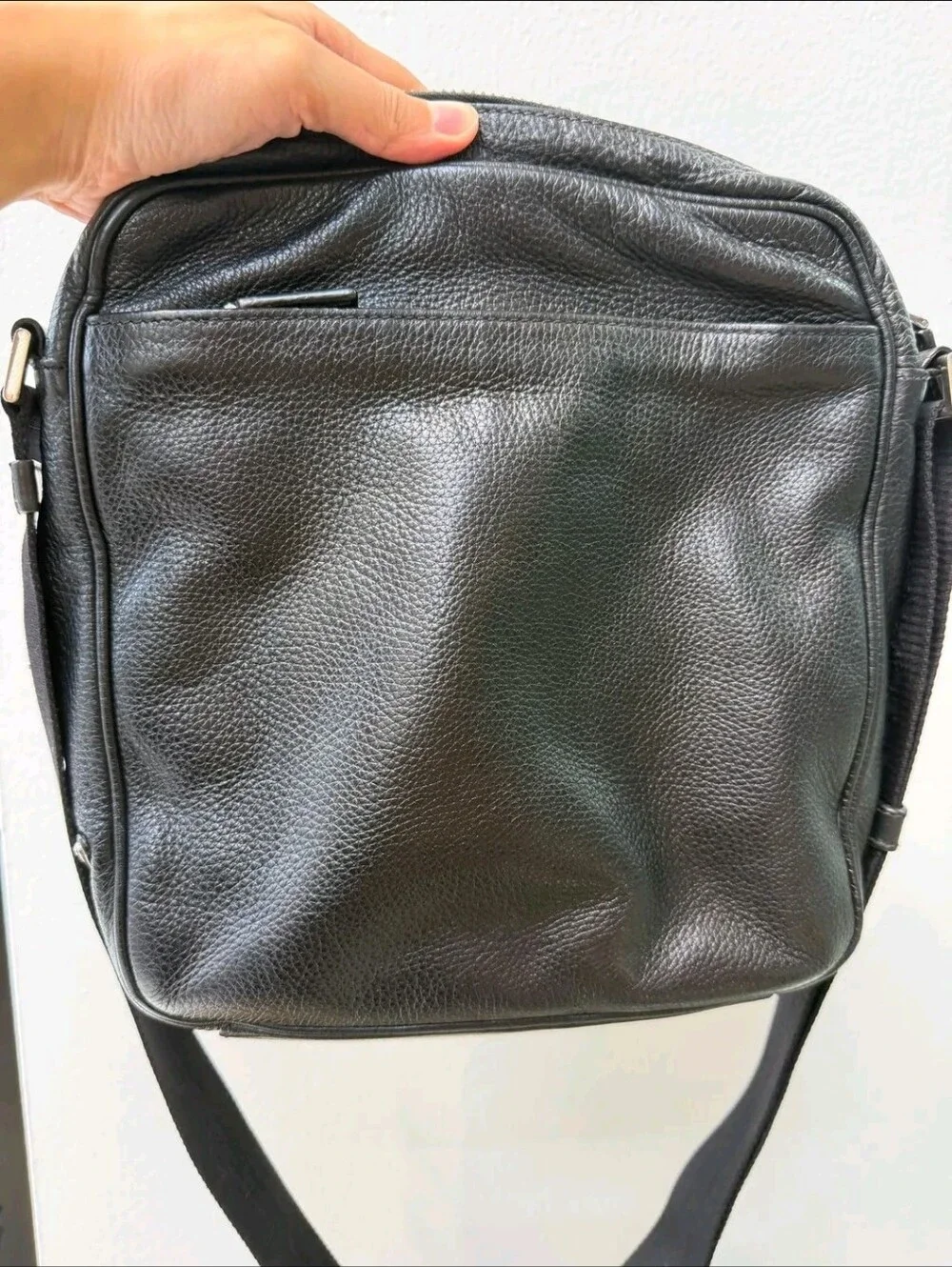 Prada Black Pebbled Leather Messenger Bag with Silver Hardware